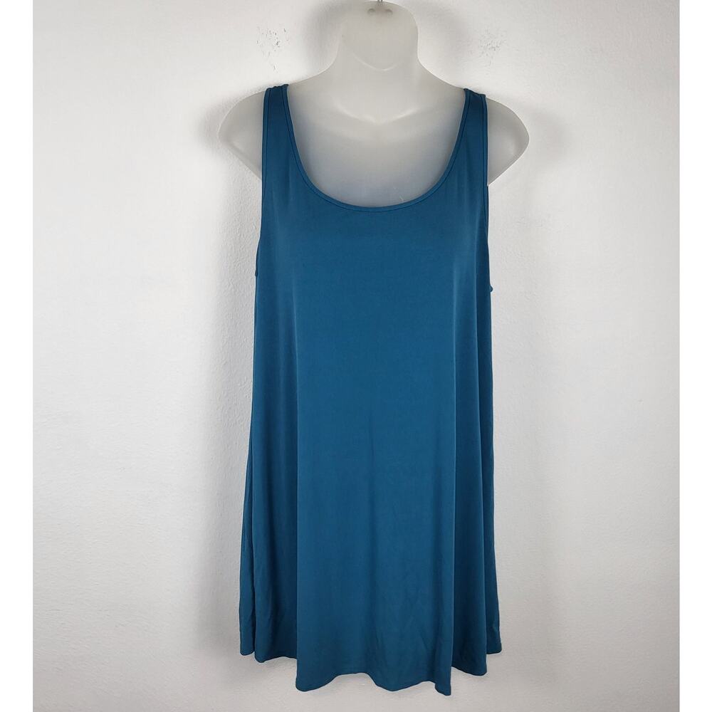 Eileen Fisher 100% Silk Jersey Scoop Neck Long Tank Top Tunic in Blue Size L